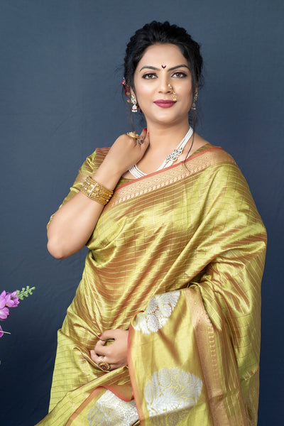 Gratifying Mehndi Linen Silk Saree With Super Mesmerising Blouse Piece