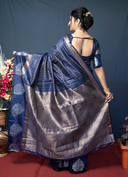 Splendiferous Navy Blue Linen Silk Saree With Super Mesmerising Blouse Piece