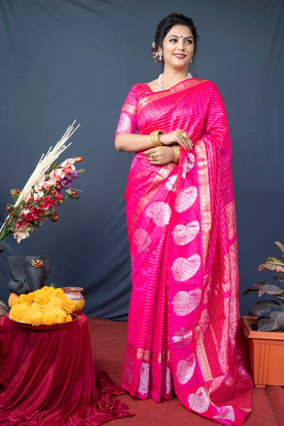 Embrocation Dark Pink Linen Silk Saree With Radiant Blouse Piece