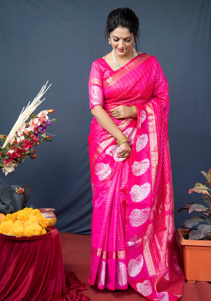 Embrocation Dark Pink Linen Silk Saree With Radiant Blouse Piece