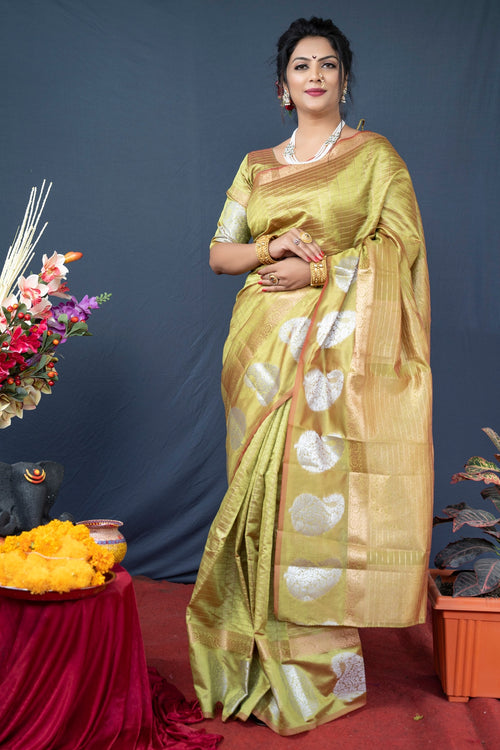 Load image into Gallery viewer, Eloquence Mehndi Linen Silk Saree With Radiant Blouse Piece
