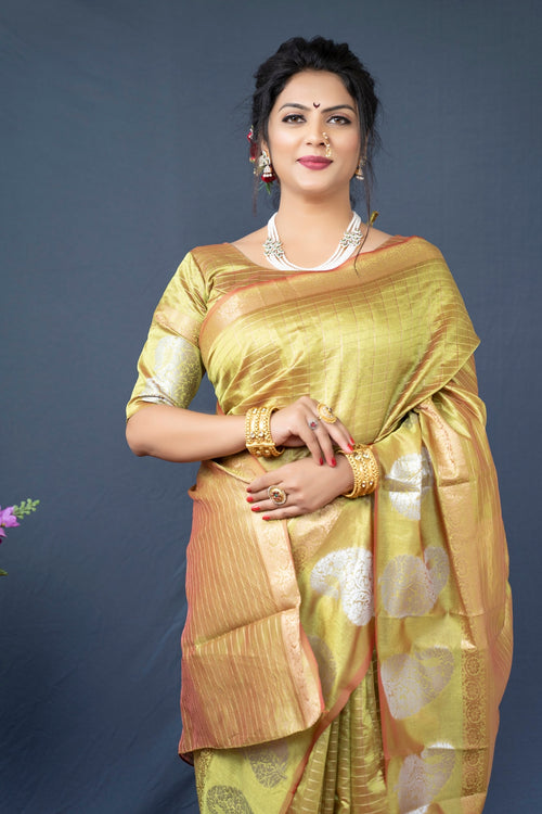 Load image into Gallery viewer, Eloquence Mehndi Linen Silk Saree With Radiant Blouse Piece
