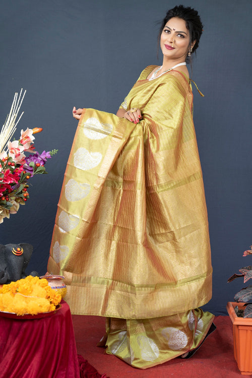 Load image into Gallery viewer, Eloquence Mehndi Linen Silk Saree With Radiant Blouse Piece
