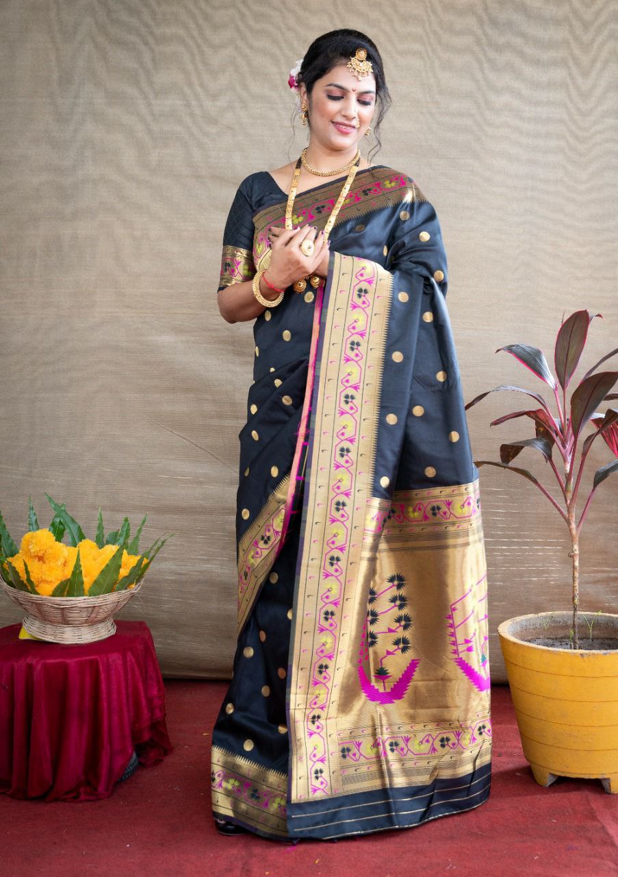 Unique Black Paithani Silk Saree With Ethnic Blouse Piece