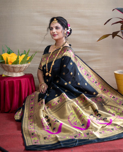 Unique Black Paithani Silk Saree With Ethnic Blouse Piece