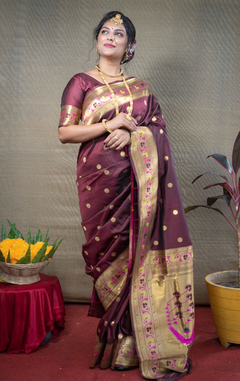 Skinny Brown Paithani Silk Saree With Ethnic Blouse Piece