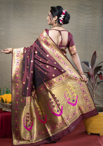 Skinny Brown Paithani Silk Saree With Ethnic Blouse Piece