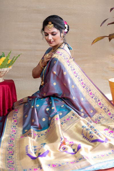 Capricious Grey Paithani Silk Saree With Ethnic Blouse Piece