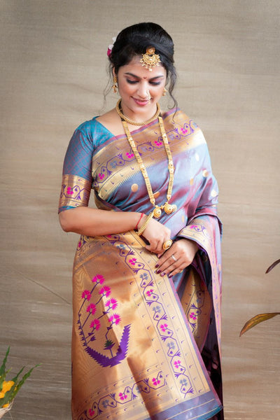 Capricious Grey Paithani Silk Saree With Ethnic Blouse Piece