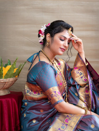 Capricious Grey Paithani Silk Saree With Ethnic Blouse Piece