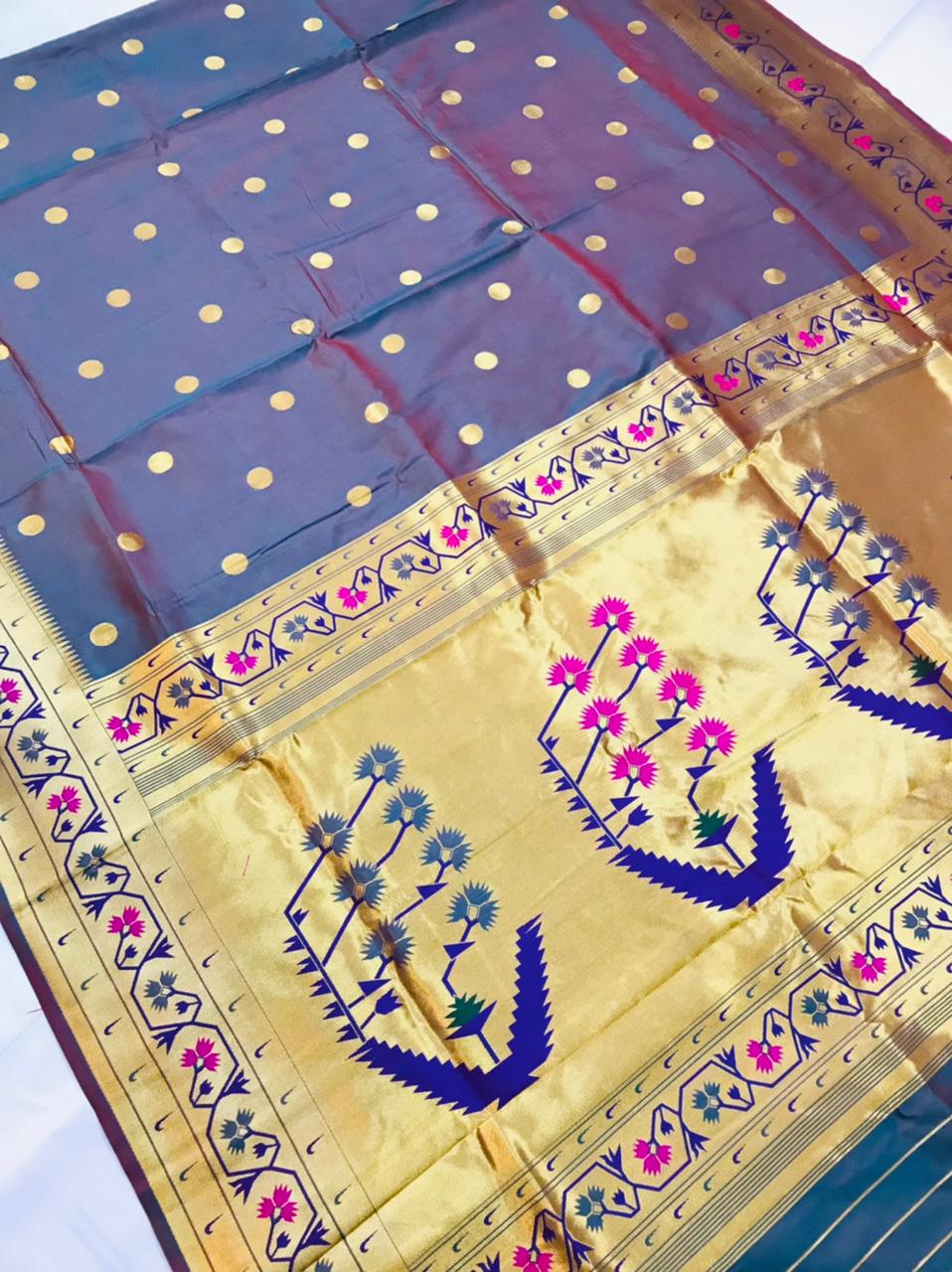 Capricious Grey Paithani Silk Saree With Ethnic Blouse Piece