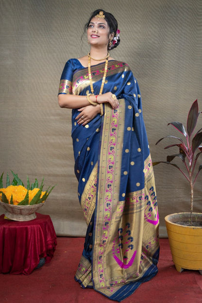 Wonderful Navy Blue Paithani Silk Saree With Ethnic Blouse Piece
