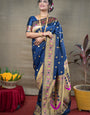 Wonderful Navy Blue Paithani Silk Saree With Ethnic Blouse Piece