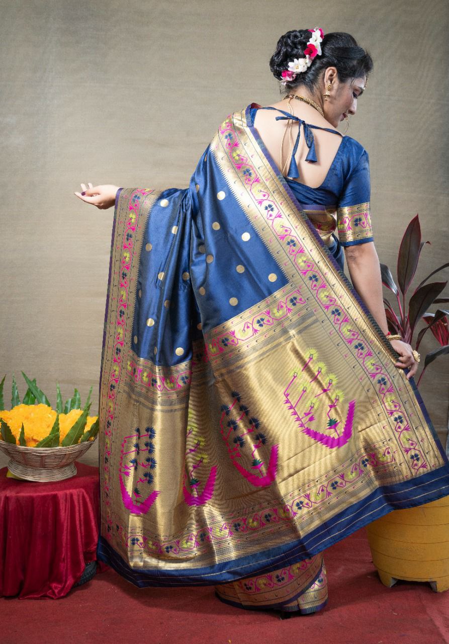 Wonderful Navy Blue Paithani Silk Saree With Ethnic Blouse Piece