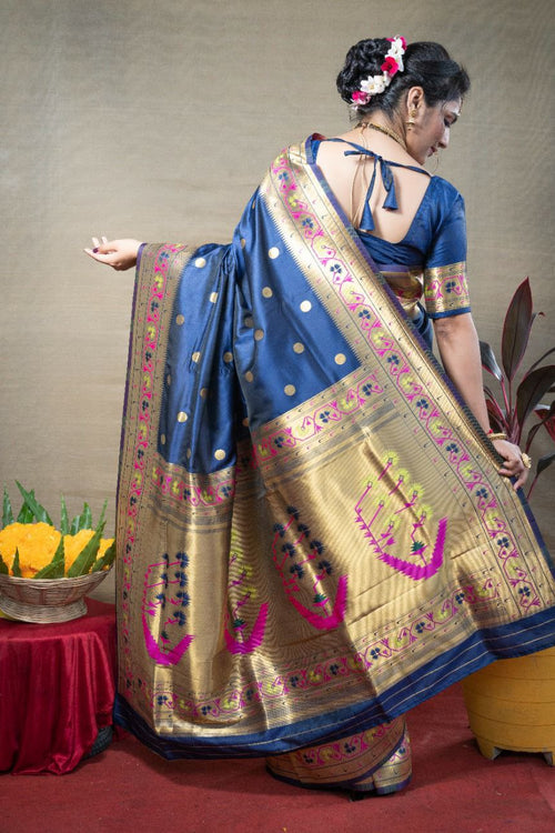 Blue Paithani Silk Saree With Peacock Border