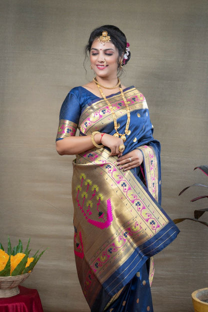 Wonderful Navy Blue Paithani Silk Saree With Ethnic Blouse Piece