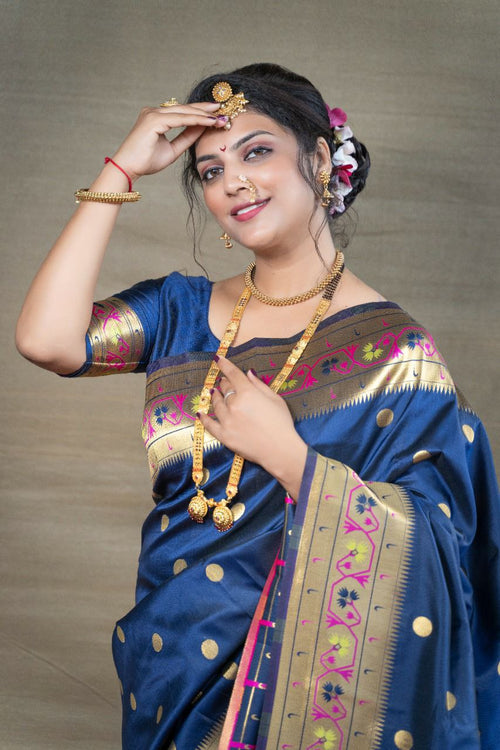 Load image into Gallery viewer, Wonderful Navy Blue Paithani Silk Saree With Ethnic Blouse Piece
