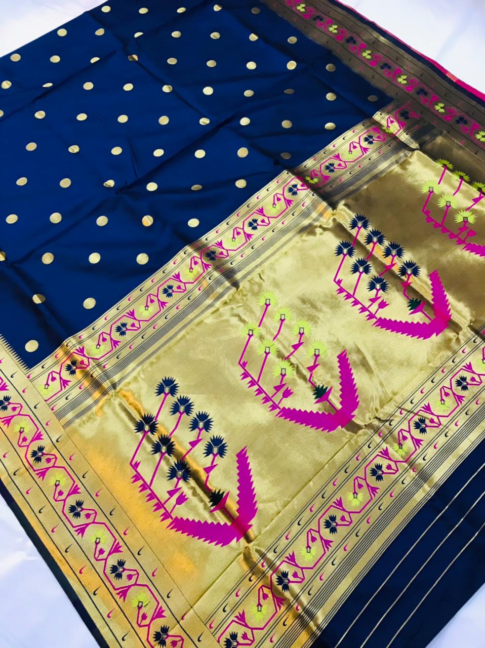 Wonderful Navy Blue Paithani Silk Saree With Ethnic Blouse Piece