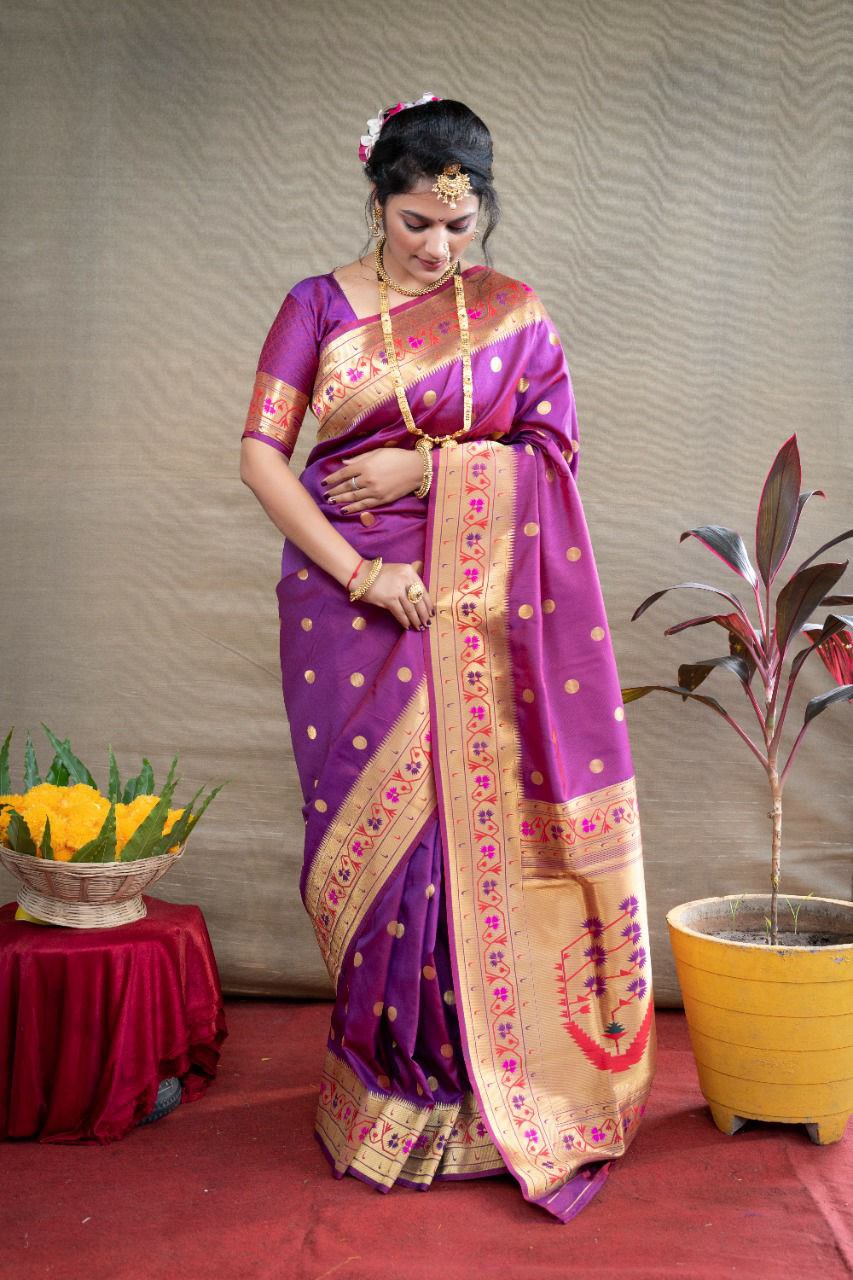 Mesmerising Purple Paithani Silk Saree With Ethnic Blouse Piece