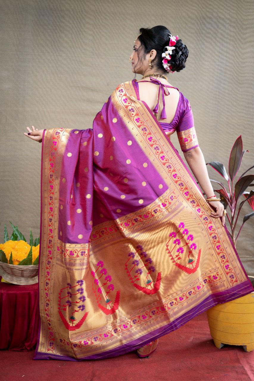 Mesmerising Purple Paithani Silk Saree With Ethnic Blouse Piece