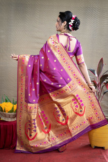 Mesmerising Purple Paithani Silk Saree With Ethnic Blouse Piece