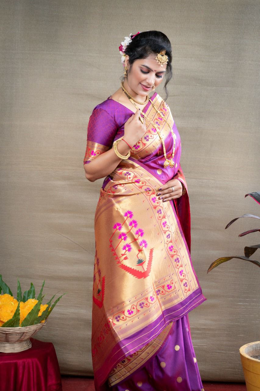 Mesmerising Purple Paithani Silk Saree With Ethnic Blouse Piece