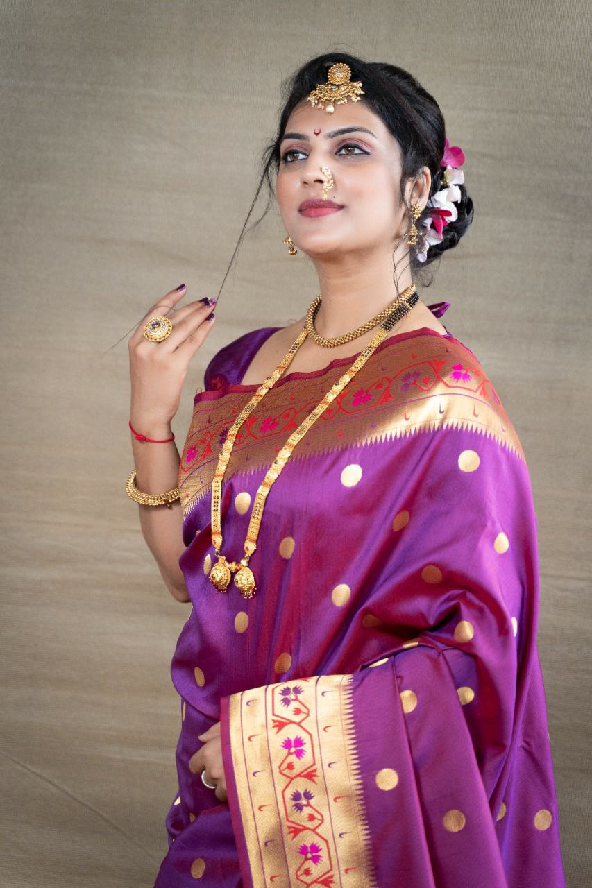 Mesmerising Purple Paithani Silk Saree With Ethnic Blouse Piece