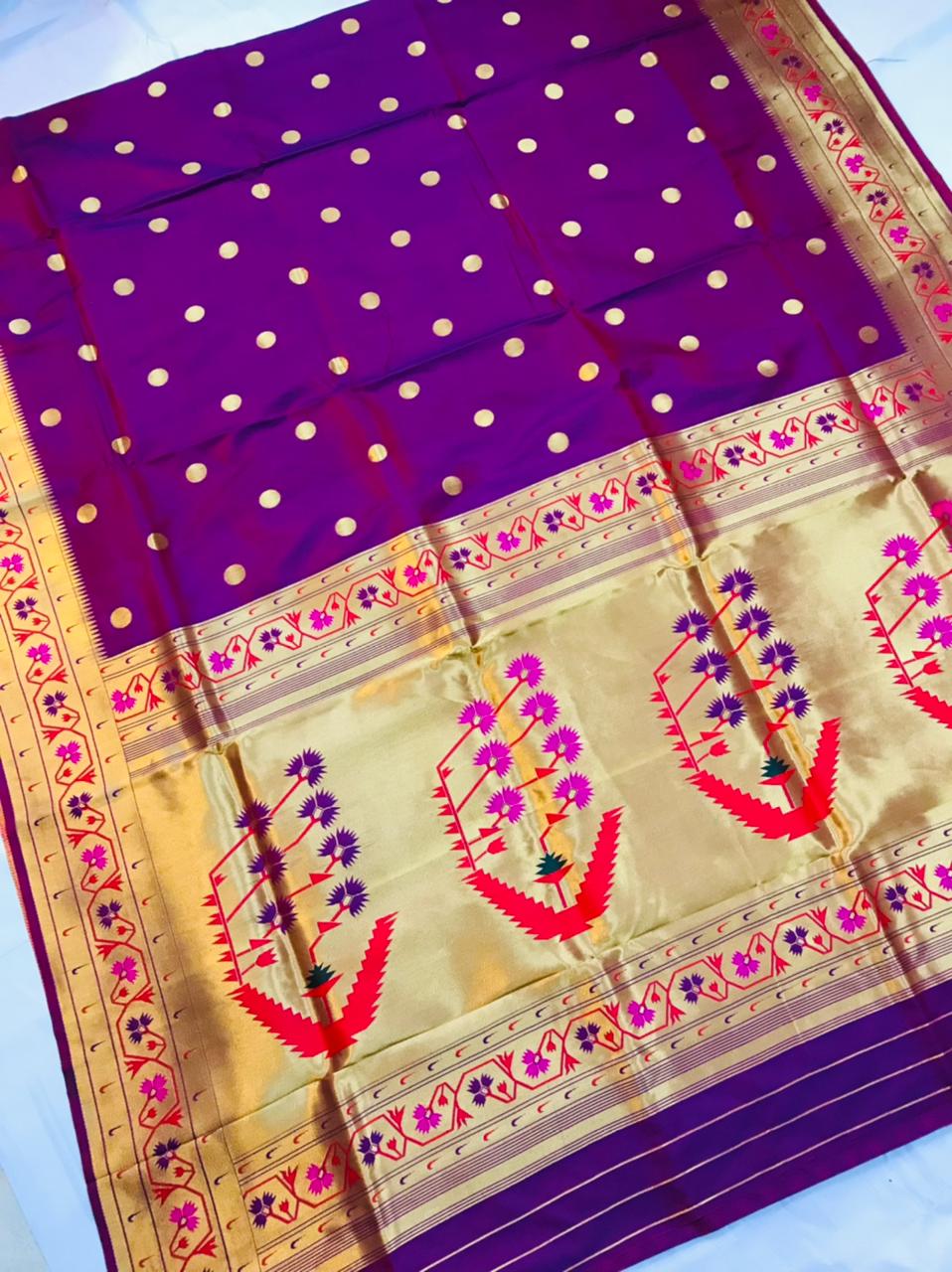 Mesmerising Purple Paithani Silk Saree With Ethnic Blouse Piece