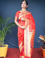 Stylish Red Paithani Silk Saree With Ethnic Blouse Piece
