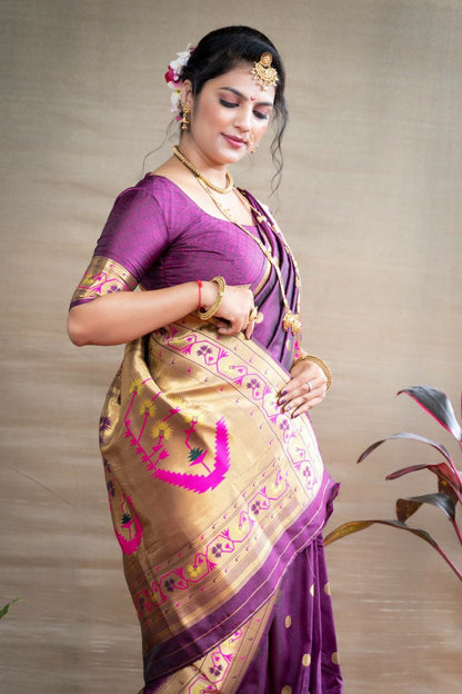Alluring Wine Paithani Silk Saree With Ethnic Blouse Piece