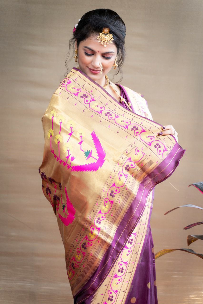 Alluring Wine Paithani Silk Saree With Ethnic Blouse Piece