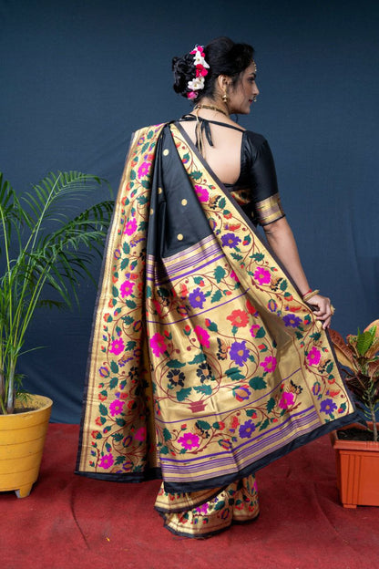 Twirling Black Paithani Silk Saree With Sizzling Blouse Piece
