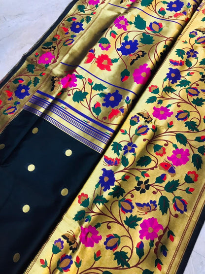 Twirling Black Paithani Silk Saree With Sizzling Blouse Piece