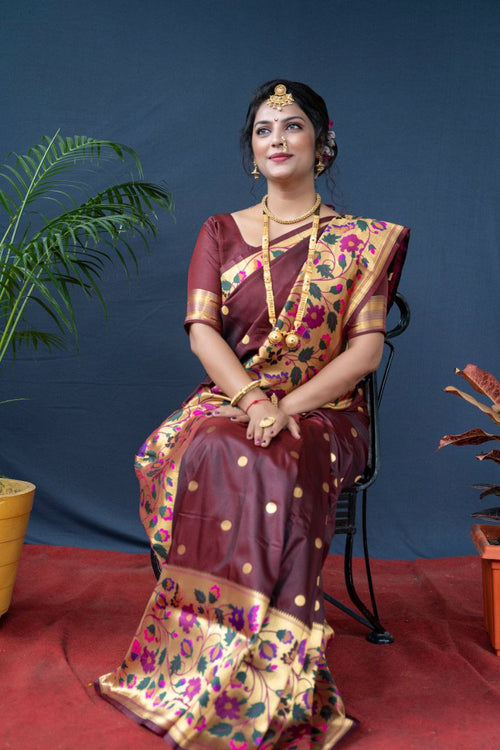 Load image into Gallery viewer, Entrancing Brown Paithani Silk Saree With Sizzling Blouse Piece
