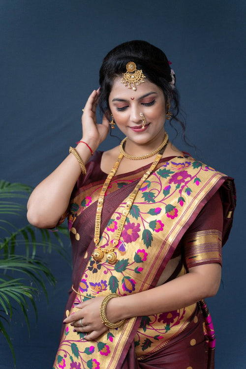 Load image into Gallery viewer, Entrancing Brown Paithani Silk Saree With Sizzling Blouse Piece
