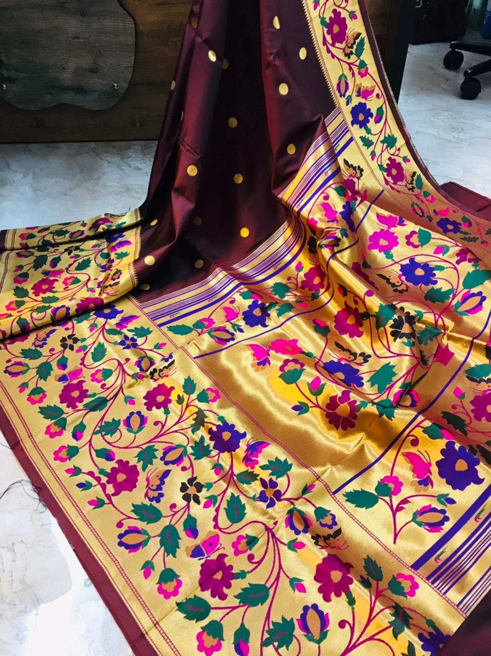 Entrancing Brown Paithani Silk Saree With Sizzling Blouse Piece