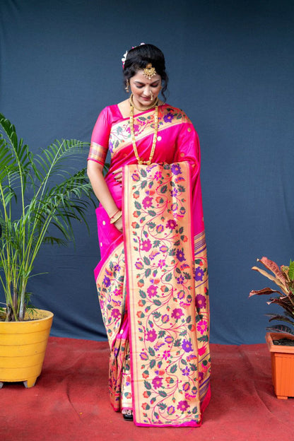 Prettiest Dark Pink Paithani Silk Saree With Sizzling Blouse Piece