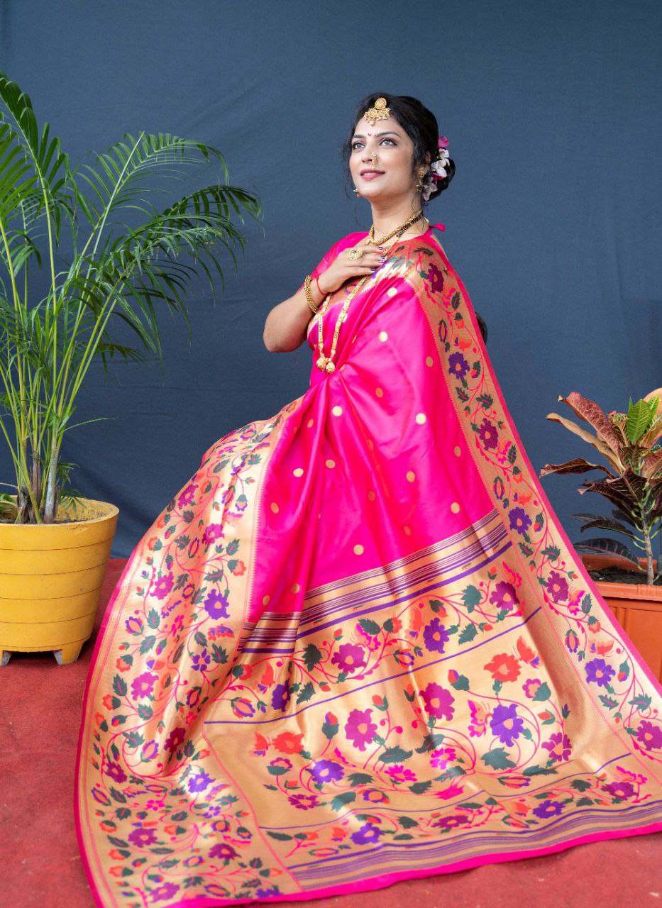 Prettiest Dark Pink Paithani Silk Saree With Sizzling Blouse Piece