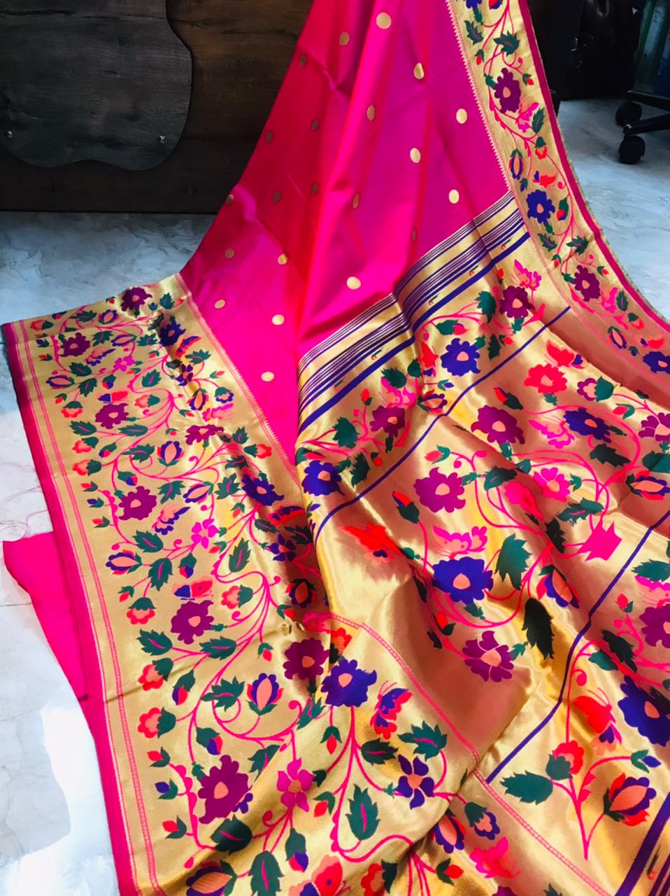 Prettiest Dark Pink Paithani Silk Saree With Sizzling Blouse Piece