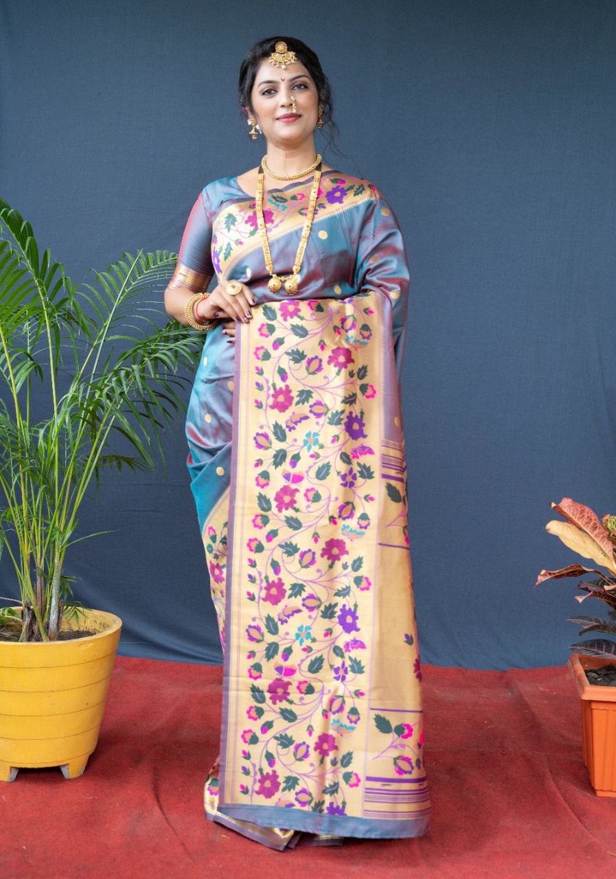 An insanely Grey Paithani Silk Saree With Sizzling Blouse Piece