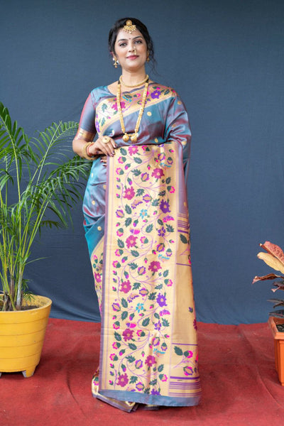 An insanely Grey Paithani Silk Saree With Sizzling Blouse Piece