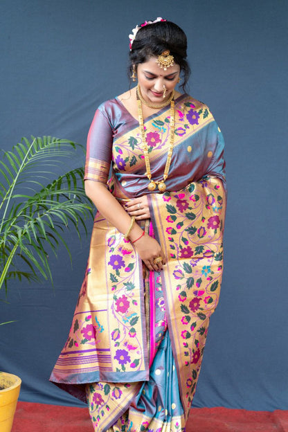 An insanely Grey Paithani Silk Saree With Sizzling Blouse Piece