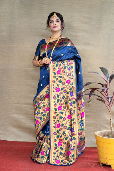 Most Flattering Navy Blue Paithani Silk Saree With Sizzling Blouse Piece