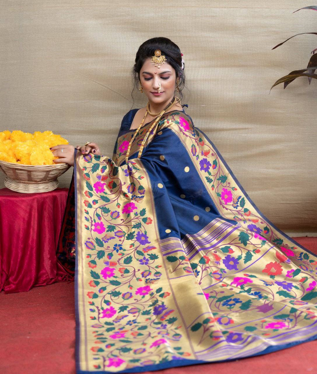 Most Flattering Navy Blue Paithani Silk Saree With Sizzling Blouse Piece