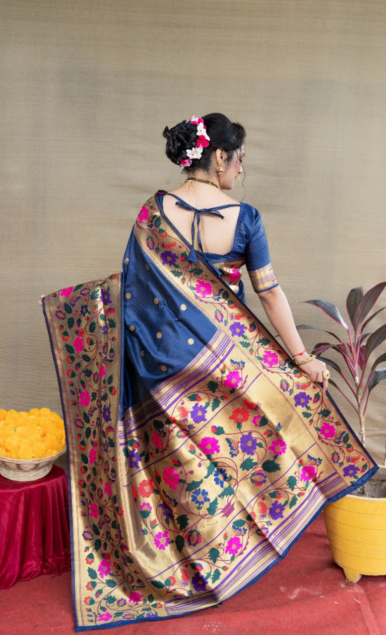 Most Flattering Navy Blue Paithani Silk Saree With Sizzling Blouse Piece