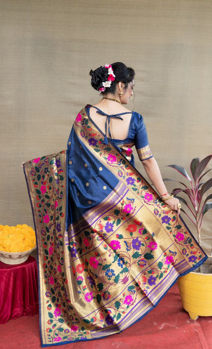 Most Flattering Navy Blue Paithani Silk Saree With Sizzling Blouse Piece