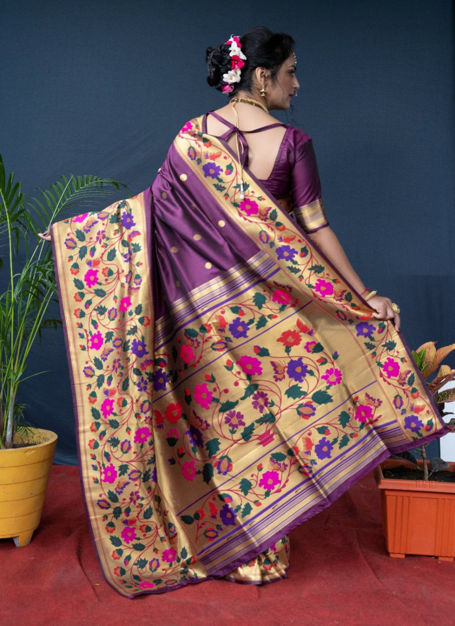 Desirable Purple Paithani Silk Saree With Sizzling Blouse Piece