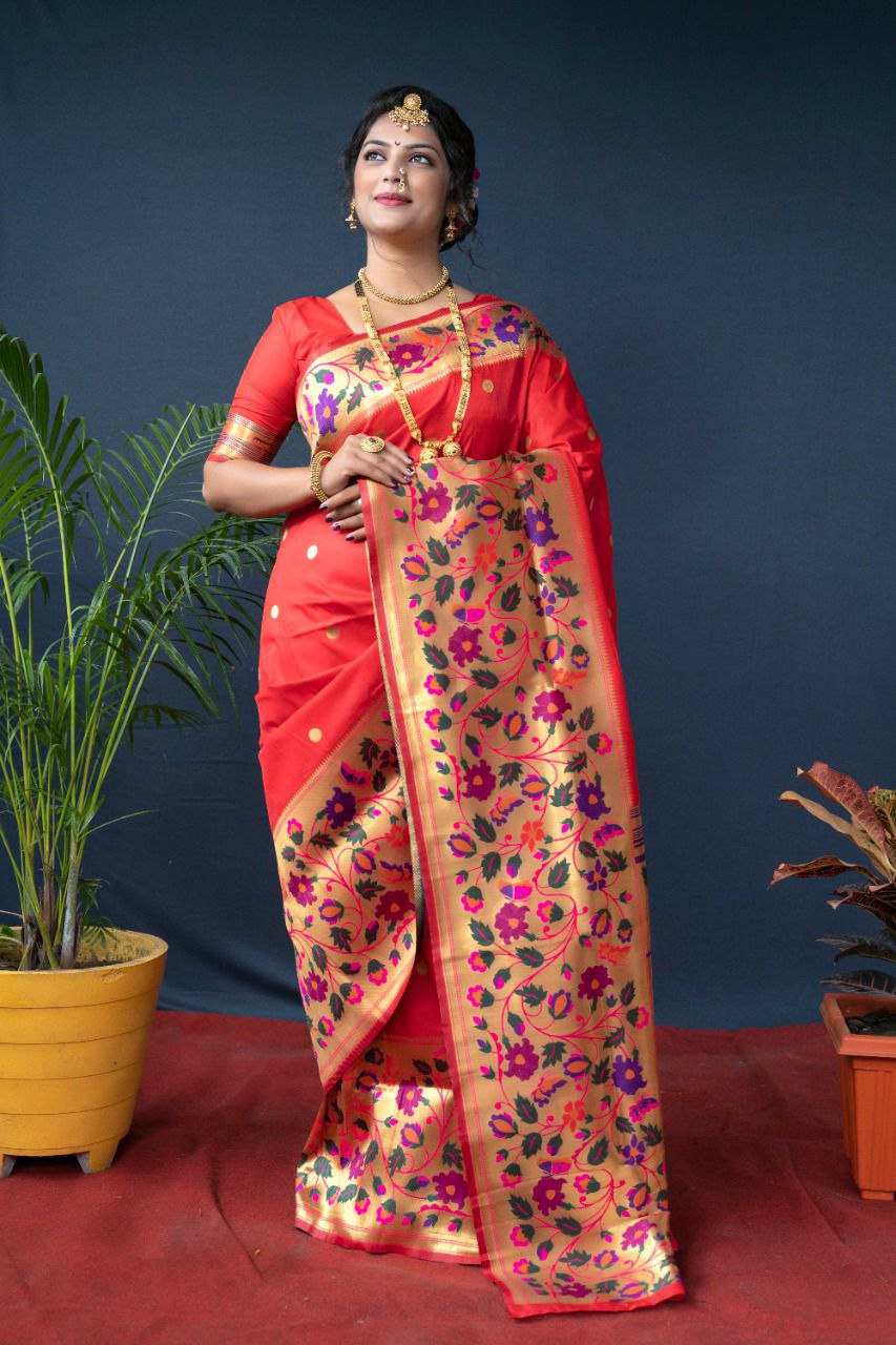 Most Stunning Red Paithani Silk Saree With Sizzling Blouse Piece