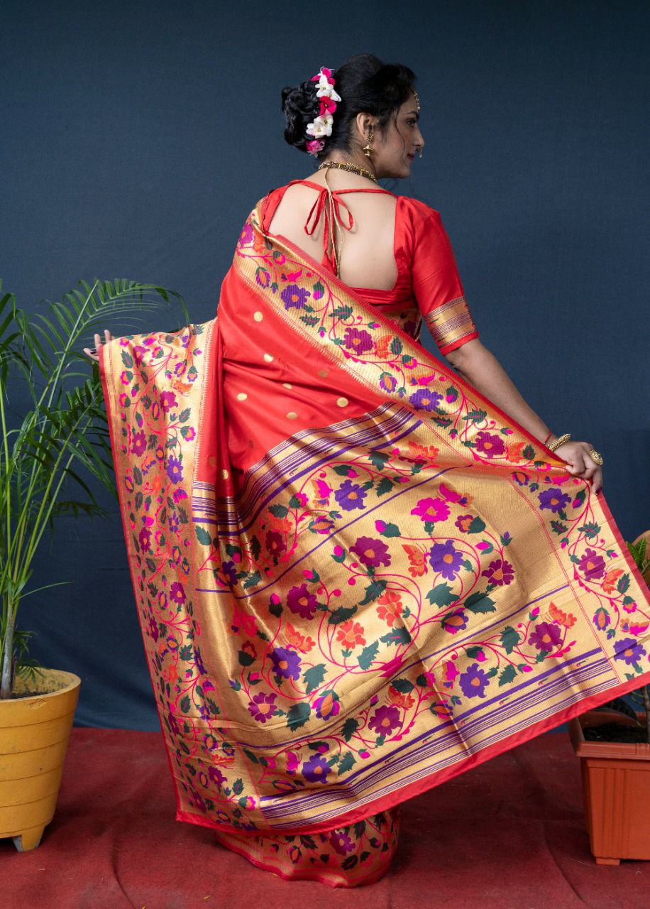 Most Stunning Red Paithani Silk Saree With Sizzling Blouse Piece