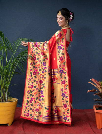 Most Stunning Red Paithani Silk Saree With Sizzling Blouse Piece